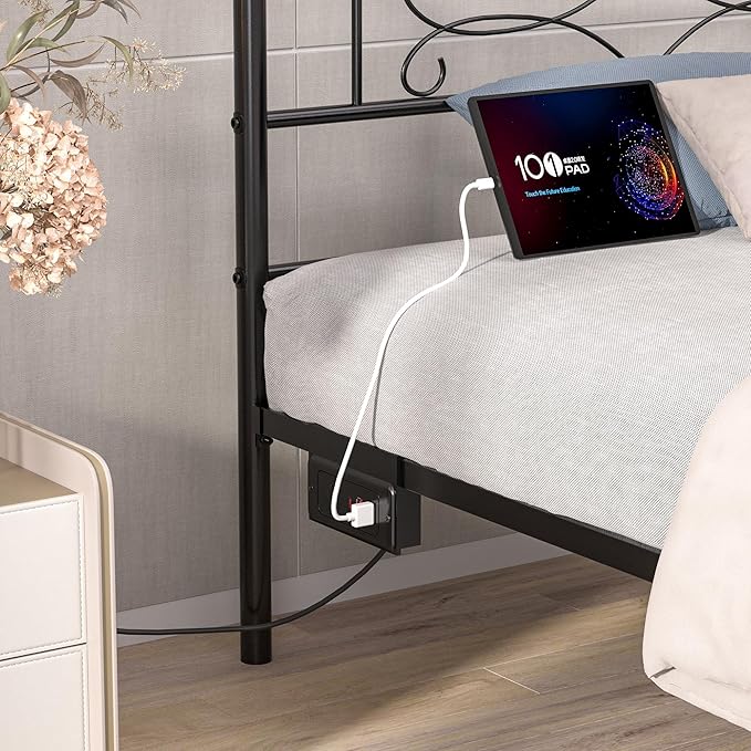VECELO Queen Size Metal Platform Bed Frame with Headboard & Charging Station,Premium Steel Slat Support No Box Spring Needed,Noise-Free Anti-Slip,Easy Assembly