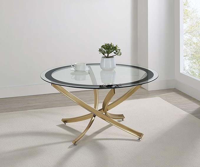 Coaster Home Furnishings - Brooke - Glass, Metal - Round Coffee Table with Clear Glass Top, Crisscross Metal Legs and Black Trim - Living Room - 35.5 Inch - Rose Brass - 707888