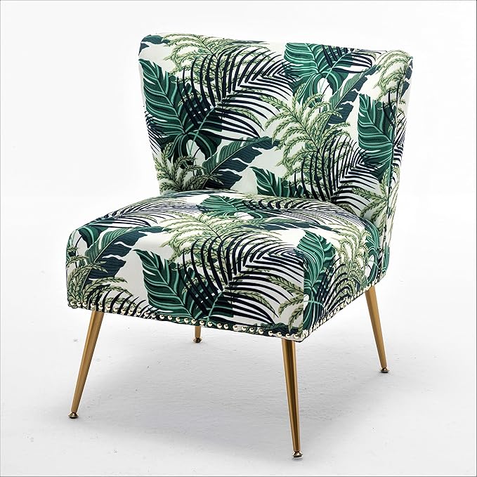 Thia Armless Accent Chair for Living Room, Elegant Seat with Nailhead Trim, Gold Metal Legs and Comfortable Curved Back, 28" D x 25" W x 29.5" H, 01 Floral Print