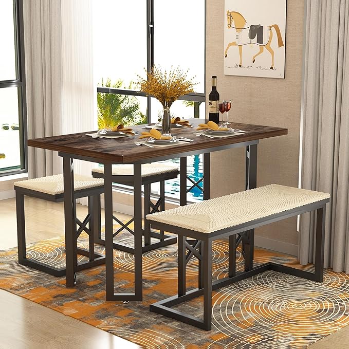VECELO 43.3" Kitchen & Dining Table Set for 4, Rustic Farmhouse Style with 3 Benches and Wicker Cushions, Compact Metal Frame with Adjustable Foot Pads, Brown