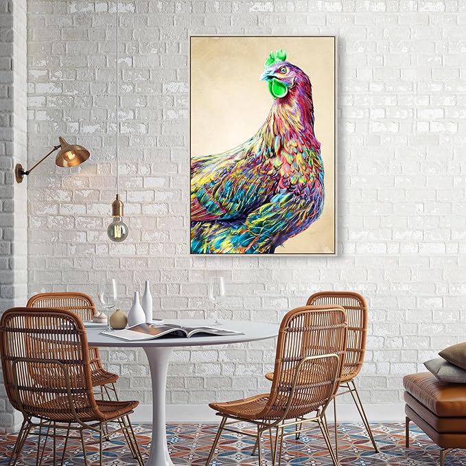 Country Farmhouse Canvas Print Painting Animal Wall Art 'Fun Colorful Glam Rooster' Champagne Framed Canvas Rustic Home Décor 24x36 in Pink, Green by Oliver Gal