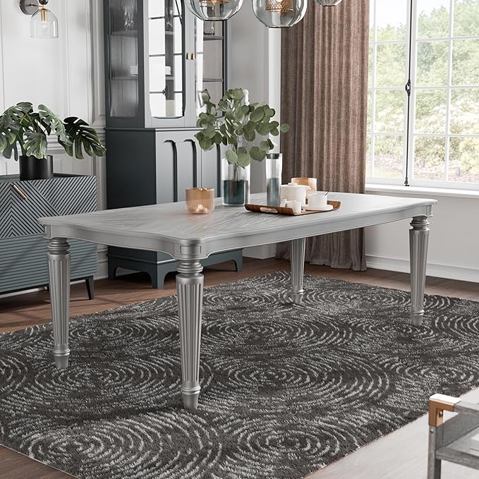 Furniture of America Seabliss Glam Solid Wood 84-inch Dining Table with Turned Fluted Legs, Seats up to 6, for Home, Kitchen, Living Room, Silver