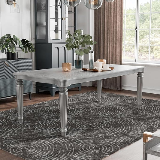 Furniture of America Seabliss Glam Solid Wood 84-inch Dining Table with Turned Fluted Legs, Seats up to 6, for Home, Kitchen, Living Room, Silver