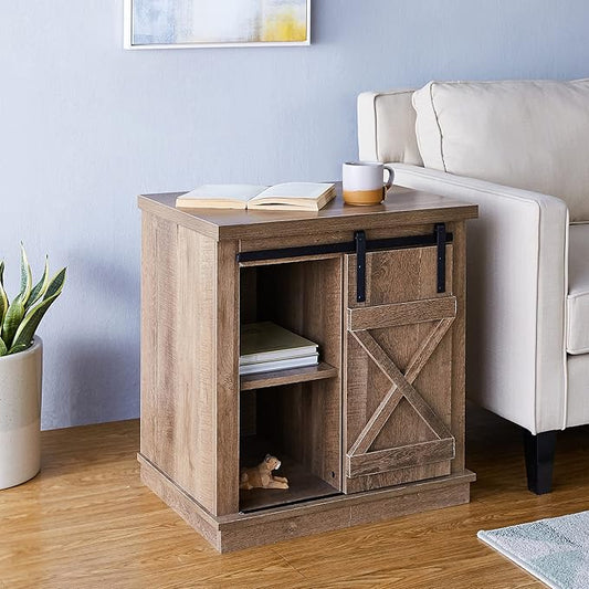 ROCKPOINT Sliding End Table with Slide Barn Door,Storage Sofa Table,Dark Oak