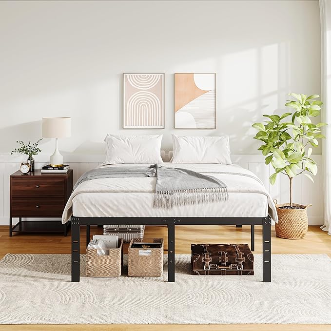 DTIG 18 Inch Queen Bed Frame No Box Spring Needed, Metal Platform Bed Frame Queen Size, Easy Assembly Heavy Duty Noise Free Tall Bed Frame, Black