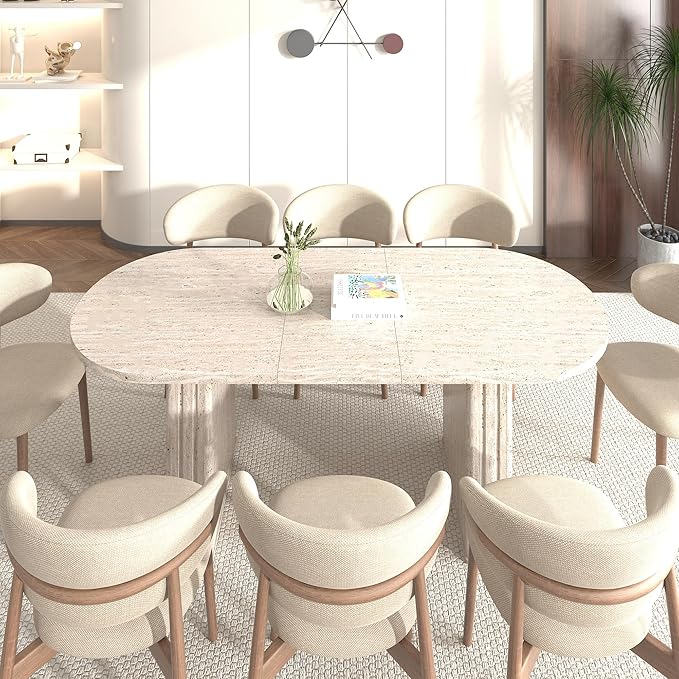 KEIKI 63"-78.7" Extendable Oval Kitchen Dining Table for 4-8 People, Modern Farmhouse Wood Strip Base with Veined Travertine Pattern, Large Dining Room Table for Living Room, Beige