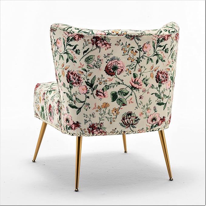 Thia Armless Accent Chair for Living Room, Elegant Seat with Nailhead Trim, Gold Metal Legs and Comfortable Curved Back, 28" D x 25" W x 29.5" H, 03 Floral Print