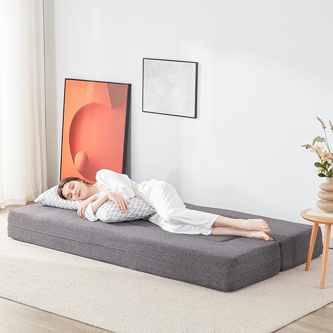 Lazyzizi Floor Sofa Bed, Convertible Sleeper Lounge Couch Folding Mattress with 2 Pillows & Washable Cover for Living Room, Guest, Playroom 8inches Twin