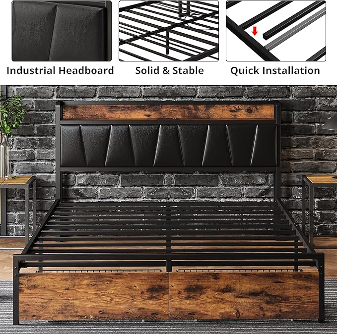 LIKIMIO Full Size Bed Frame, Storage Headboard with Charging Station, Platform Bed with Drawers, No Box Spring Needed, Easy Assembly, Vintage Brown and Black
