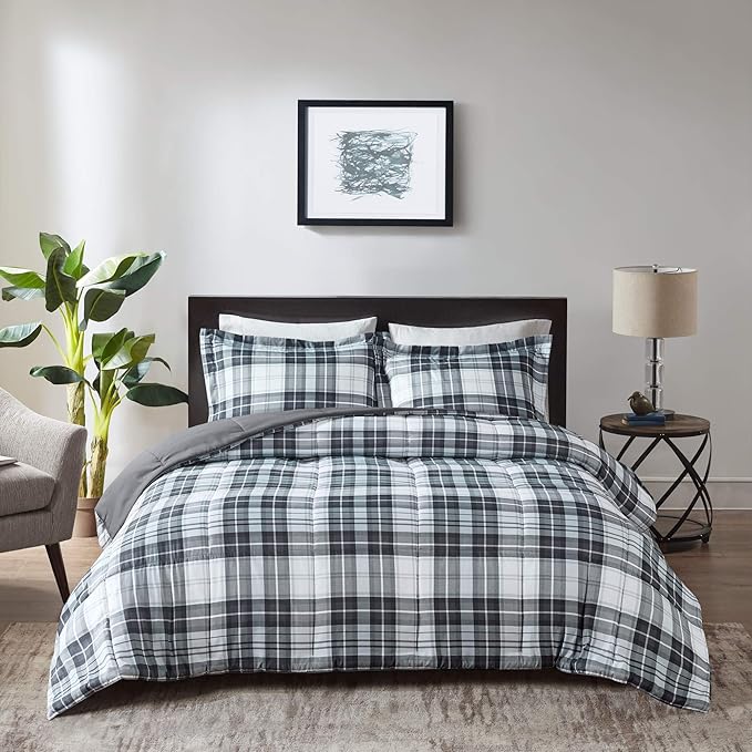 Madison Park Essentials Parkston Plaid Comforter, Matching Sham, 3M Scotchguard Stain Release Cover, Hypoallergenic All Season Bedding-Set, Full/Queen, Black, 3 Piece