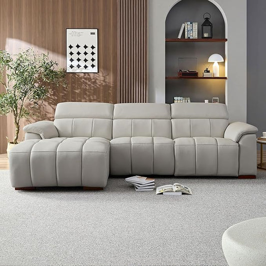 KEIKI 113" L-Shaped Genuine Leather Wall-Hugger Reclining Sofa with Left Chaise, Adjustable Backrest & Footrest, Modern Style Electric Control 3-Seater Couch with USB, for Living Room, Light Grey
