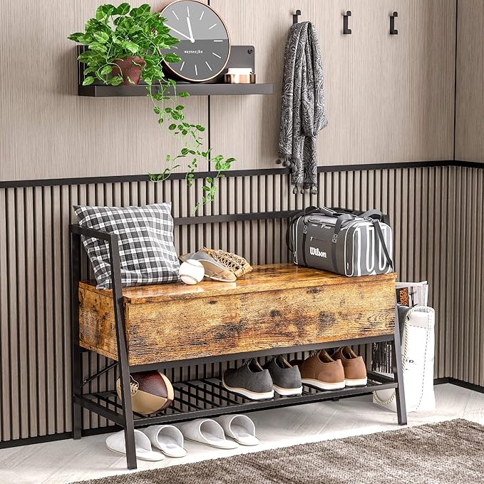 IRONCK Storage Bench, Industrial Shoe Rack Bench with Storage Box, Holds Up to 240 LB Shoe Organizer for Entryway, Bedroom, Closet & Hallway, Entryway Bathroom