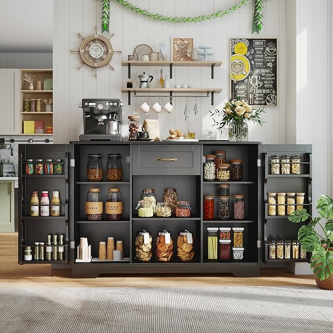 Gizoon Coffee Bar Cabinet with Door and Shelves Kitchen Hutch with Countertop, Kitchen Buffer Cabinet with Storage for Bedroom and Living Room, Black