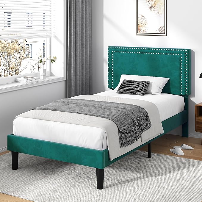 Twin Size Platform Bed Frame with Height Adjustable Upholstered Headboard, Modern Mattress Foundation,Strong Wood Slat Support, No Box Spring Needed, Easy Assembly
