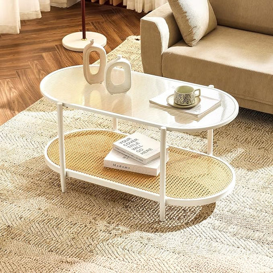 VINGLI 38" Rattan Oval Coffee Table, Glass Metal Center Table, Modern Coffee Tables with 2-Tier Storage, Farmhouse Coffe Table for Living Room and Small Space, White