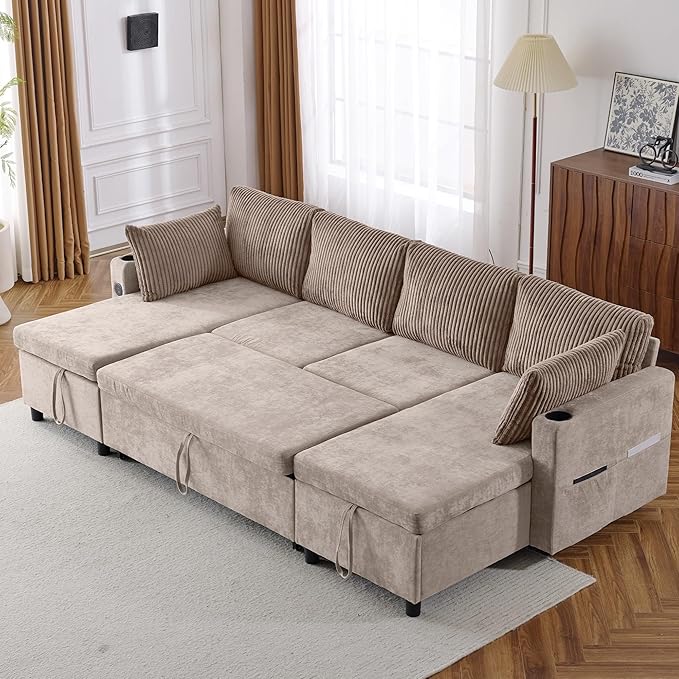 ERYE 113-Inch U-Shaped Pull Out Sleeper Couch Bed, Modern U Shaped Symmetrical Sleeper Sectional Sofa Convertible Sofa Bed with Storage Chaises & USB-C Ports for Living Room