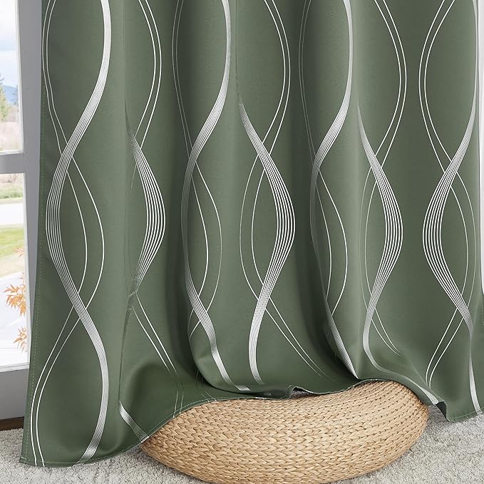 NICETOWN 100% Blackout Greyish Green Blackout Curtain Panels for Bedroom 63 inch Long, Thermal Insulated Wave Line Foil Print Design Drapes for Patio Sliding Glass Door, 52" x 63", 2 Panels