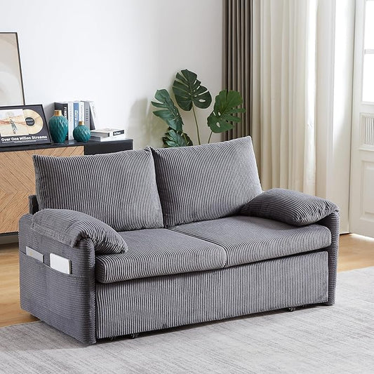Eafurn 3 in 1 Convertible Pull Out Sleeper Sofa Couch Bed Queen Size, Corduroy Pullout Lounge Loveseat RV Sofa&Couches Sofabed with Soft Pillows Armrest,Side Pockers for Living Room Apartment