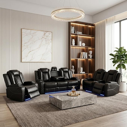 Power Recliner Sofa Set with LED, Air Leather Reclining Sofa Set, 3 Piece Living Room Set with USB Charging,Drop Down Table&Storage (Black Standard Version Total of 2 Cup Holders)