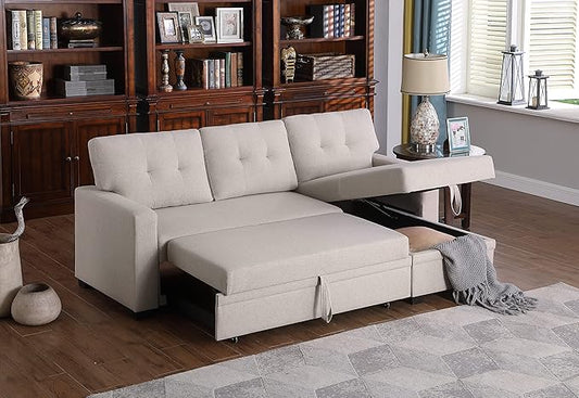 ACQCA 82" L-Shape Sleeper Sectional Sofa with Storage Chaise and Pull-Out Bed,Convertible Sofa Bed Sectional Couch for Living Room,Apartment,Office,Beige