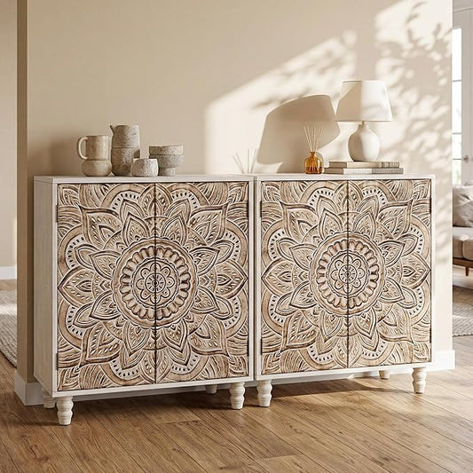 COSIEST Set of 2 32" Buffet Sideboard Cabinets with Storage, Accent Cabinet with Push-to-Open Doors, Vintage Lotus Carved Pinewood Doors, Entryway Console for Living Room, Kitchen, Hallway, Gray