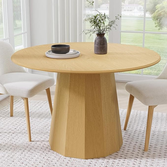 Casaphoria 46" Round Dining Table, Modern Wood Kitchen Table with Cone Shaped Strip Polygonal Base for Living Room & Dining Room, Easy Assembly Farmhouse Furniture for 4-6, Oak