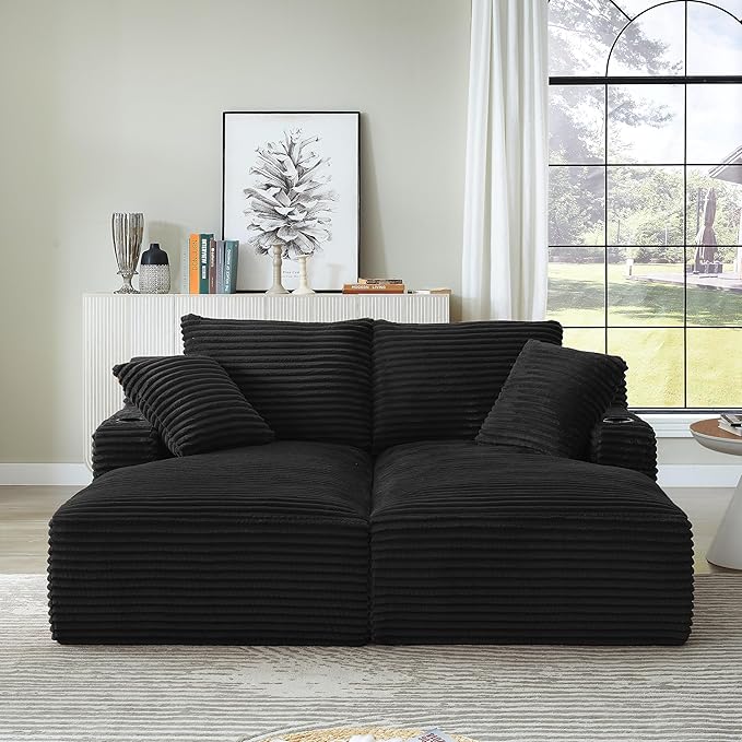 Eafurn Oversized Double Chaise Lounge Indoor with Cup Holders & Side Pocket, 71" Plush Corduroy Boneless Chaise Lounge Sofa with High Density Sponge & Deep High Seat Comfy Sleeper Couch Bed | Breathable material, No Assembly, 52" Deep Seat, 19.7" High ...