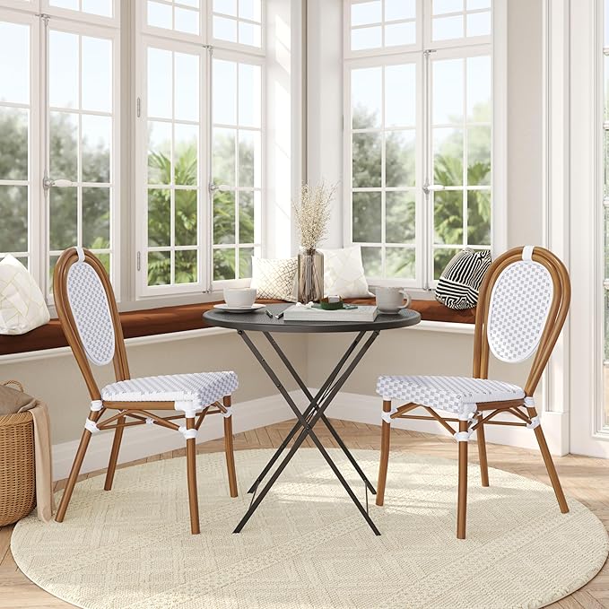 Flash Furniture Lourdes Indoor/Outdoor Commercial Thonet Bistro Stack Chair - White/Gray PE Rattan Back and Seat - Natural Bamboo Print Metal Frame - Set of 2