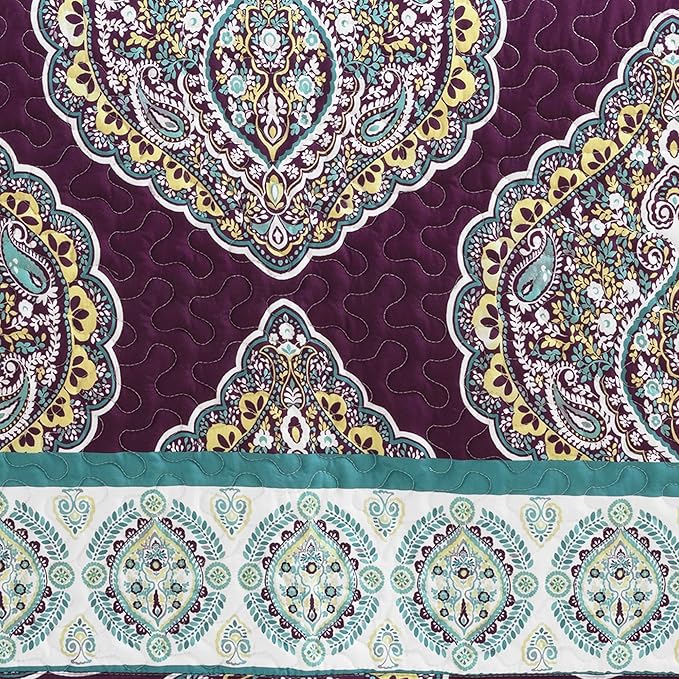 Lush Decor Harley Reversible King Queen Size 5 Piece Set Purple & Turquoise - Boho Bedding Set King Quilt - Purple Quilts - Boho Bedroom Decor
