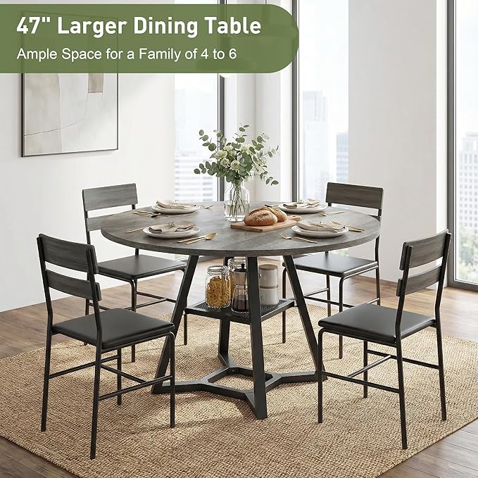 Round Dining Table for 4-6 with Storage Shelf, Kitchen & Dining Room Circle Pedestal Table, Heavy Duty Metal Frame & Wood Top