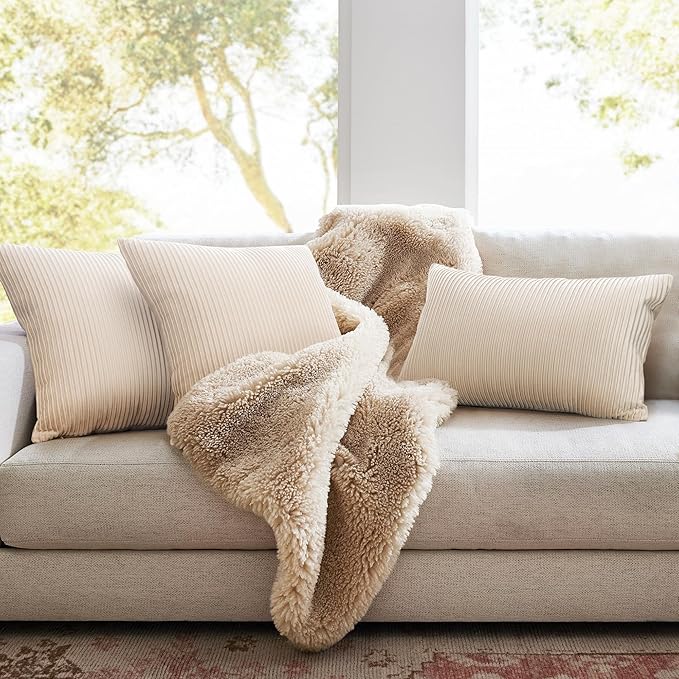 YCOLL Beige Pillow Covers 20x20 Set of 2 Velvet Striped Pattern - Soft Throw Pillows for Home Decor, Luxury Decorative Pillow Covers for Couch, Bed,Living Room