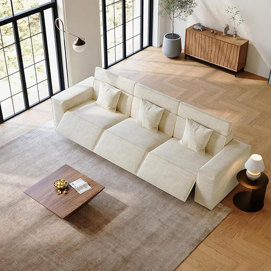 115'' Power Sofa for Living Room, Electric Recliner Couches with Performance Fabric, Modular Sectional Sofa with Pillows, Comfy Velvet Cloud Couch with Deep Seat(Beige)