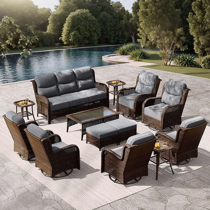 High Back Outdoor Furniture with Extra Thick Cushion Patio Swivel Rocking Chairs, Comfort 3-Seat Sofa, 13PCS Oversized Wicker Conversation Set for Porch, Deck, Yard in Dark Gray
