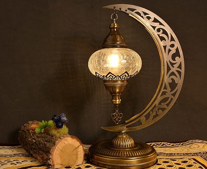 Mozaist Turkish Clear Glass Moon Shape Table Lamp, Vintage Moroccan Crescent Bohemian Desk Light, Rustic Living Room Antique Glam Home Decor Lighting, Luna Design Bedside Nightstand (Crack Clear)