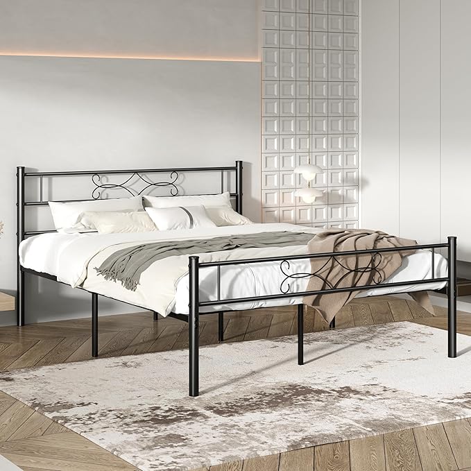 VECELO Queen Size Metal Platform Bed Frame with Headboard/Premium Steel Slat Support/No Box Spring Needed/Noise-Free Anti-Slip/Easy Assembly