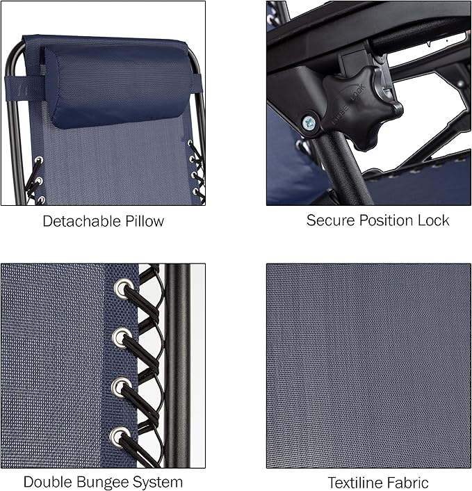 Zero Gravity Chairs - Set of 2 Outdoor Chairs with Side Tables with 2 Cupholders, Phone, and Tablet Holder and Chair Pillow by Lavish Home (Navy)