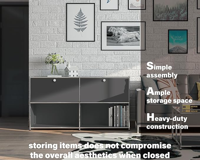 Metal Sideboard with 2 Flap Doors, DIY Modern Home Furnishing,Perfect for Home, Office, Kitchen, Hallway,Foyer Organization(Grey)