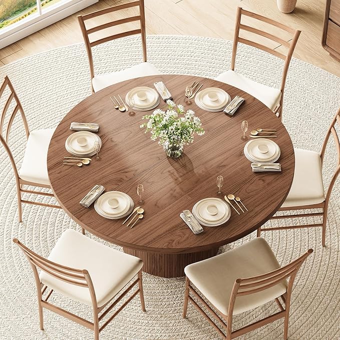 Round Kitchen Dining Table for 4-6 People, 47 inch Mid-Century Circle Dinner Tables, Rustic Wood Base in Fluted Design, Space Saving Dining Room Furniture, Large Table Only for Family Party, Walnut