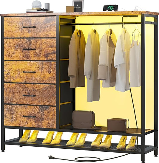 Dresser for Bedroom, Dresser with Hanging Rack Led Lights and Charging Station, Bedroom Dresser with 5 Fabric Chest of Drawers with PU Finish Storage Organizer, for Living Room Hallway Closet, Brown