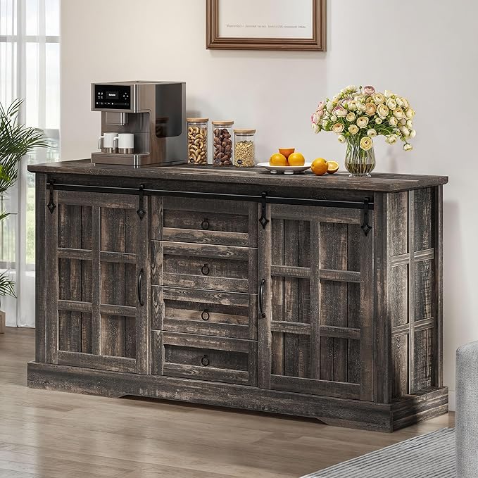 YITAHOME Farmhouse Buffet Cabinet with Storage, 59" Sideboard w/Sliding Barn Doors and 4 Drawers, Kitchen Cabinets for Living Room, Dark Rustic Oak
