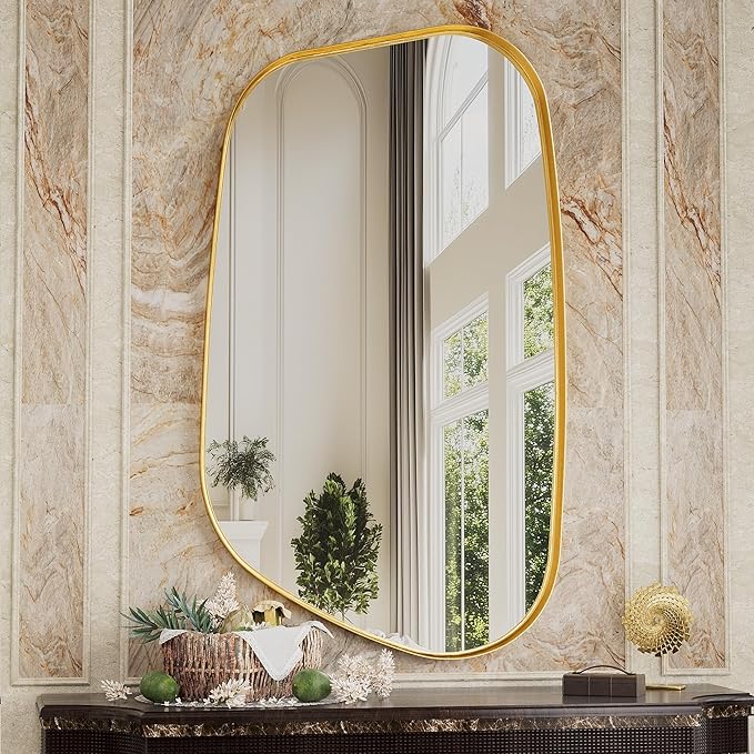 Irregular Wall Mirror 55"x28" Bathroom Mirrors Asymmetrical Artistic Decorative for Living Room Bedroom Bathroom Hallway Entryway,Trapezoid,Gold