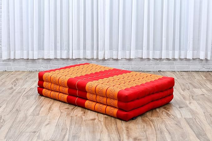 Leewadee Trifold Mattress XL – Comfortable Thai Massage Pad, Foldable Relaxation Floor Mattress Filled with Kapok, Perfect to Use as a Sleeping Mat 79 x 39 inches, Orange Red
