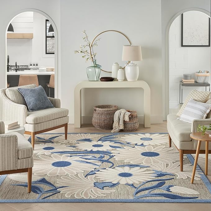 Nourison Home Aloha Blue Grey 6' x 9' Area Rug - Easy Clean, Non Shedding, Bed Room, Living Room, Dining Room, Kitchen (6' x 9')