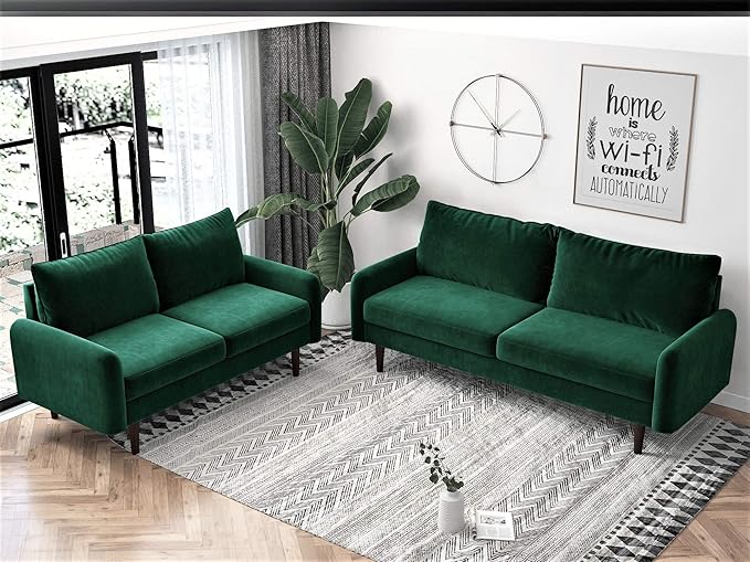 Container Furniture Direct Americus Velvet Upholstered Sofa and Loveseat Set, Couches for Living Room with Luxurious Mid Century Modern Design and Wooden Base, 2 Piece, Green