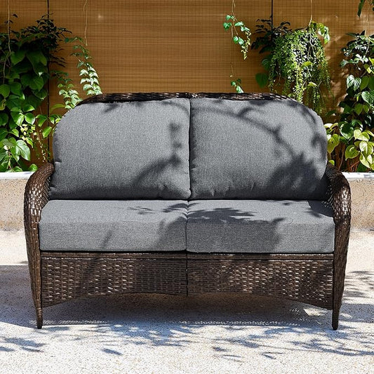 Tribesigns Outdoor Wicker Loveseat with Thick Gray Cushions, 2-Seater Patio Sofa, All-Weather PE Rattan Outdoor Furniture for Porch, Deck, Backyard, Brown/Gray