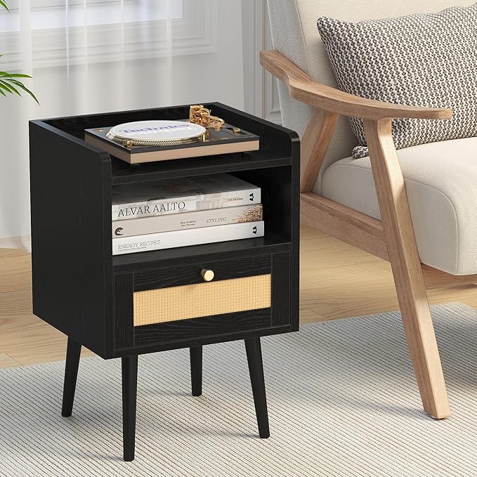 Night Stand Set 2, Nightstands Set of 2 with Charging Station, Rattan Side Tables with Solid Wood Legs, Boho Bedside End Table for Farmhouse Bedroom Dorm Small Space - Black