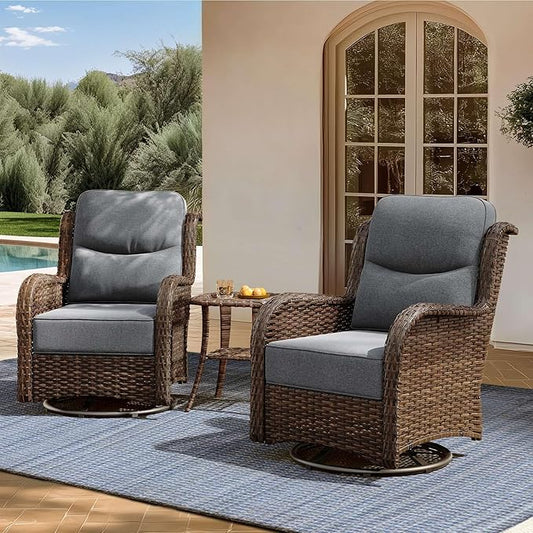 High Back Outdoor Furniture with Extra Thick Cushion Patio Swivel Rocking Chairs, 3PCS Oversized Comfort Wicker Conversation Set for Porch, Deck, Yard in Dark Gray