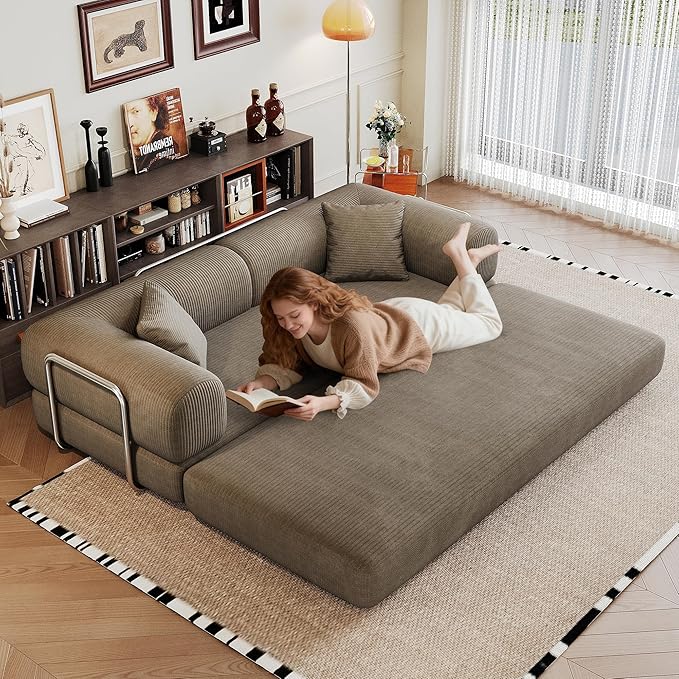 JINGLING 79" Queen Sleeper Sofa Bed with Memory Foam, Compressed Couch in a Box, Foldable Convertible Small Couches for Small Spaces Bedroom Game Room, Corduroy Fabric, Camel