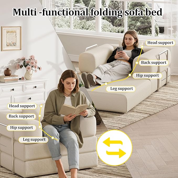 BSHOMGI Folding Sofa Bed, 2 in 1 Convertible Sofas to Lounger Comfy Single Bean Bag Chair Floor Portable Foldable Sleeper Lazy Futon Couch Chair for Bedroom, Living Room (Beige, 35.43" Single Sofa)