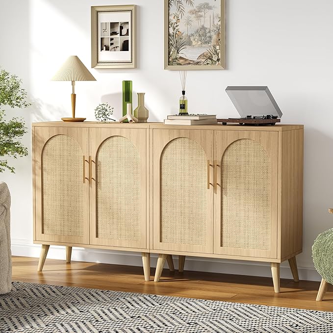 2 Pack 15.7" D Rattan Buffet Cabinet with Storage, Buffet Sideboard with Adjustable Shelf and Solid Wood Legs, Floor Storage Cabinet with Doors, Coffee Bar for Kitchen, Living Room, Natural